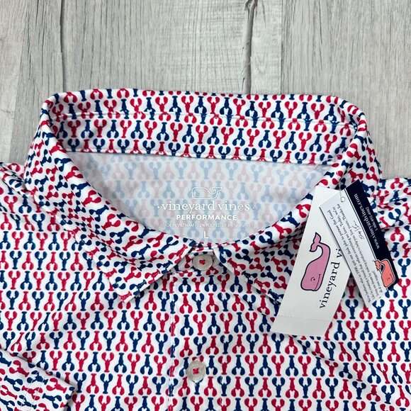 NWT Vineyard Vines Performance Polo Shirt Mens Large All Over Red Blue Lobster - Picture 2 of 10
